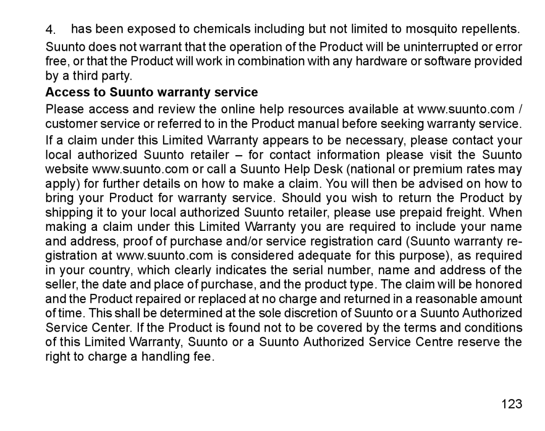 Suunto D6I manual Access to Suunto warranty service 