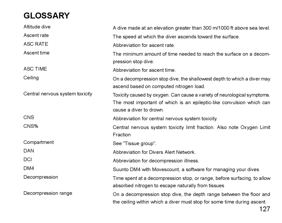 Suunto D6I manual Glossary, DAN DCI DM4 