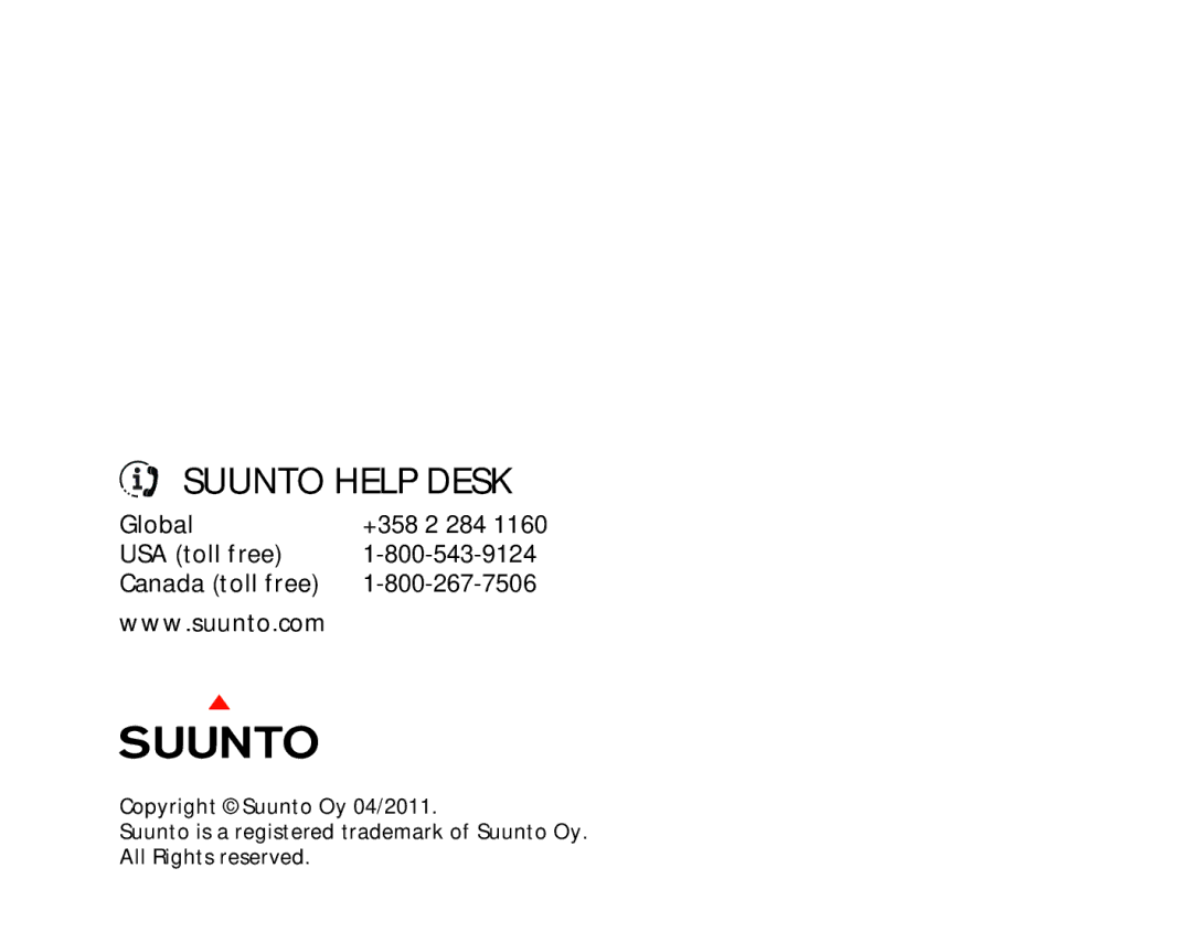 Suunto D6I manual Suunto Help Desk, Global +358 2 284 USA toll free Canada toll free 