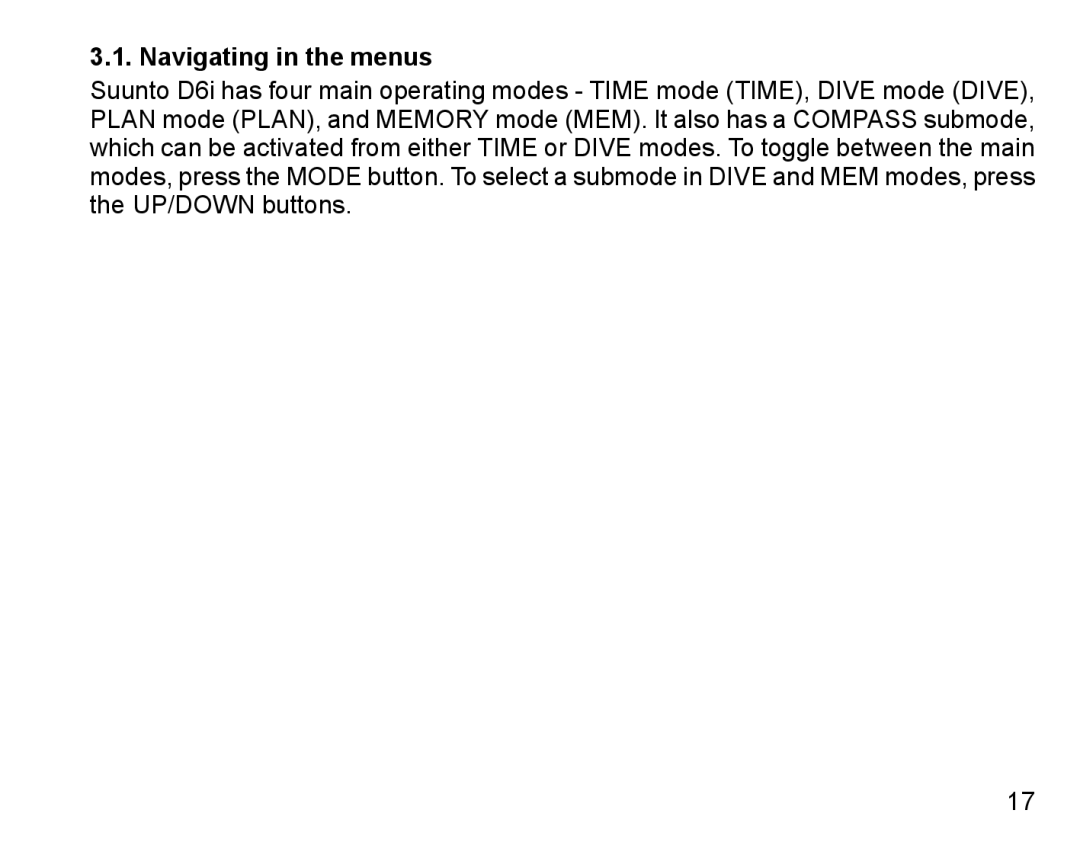 Suunto D6I manual Navigating in the menus 