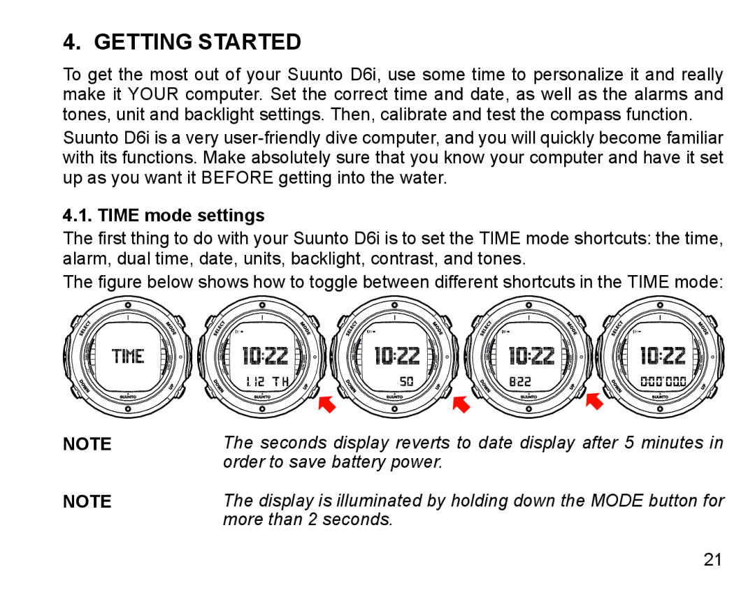 Suunto D6I manual Getting Started, Time mode settings 