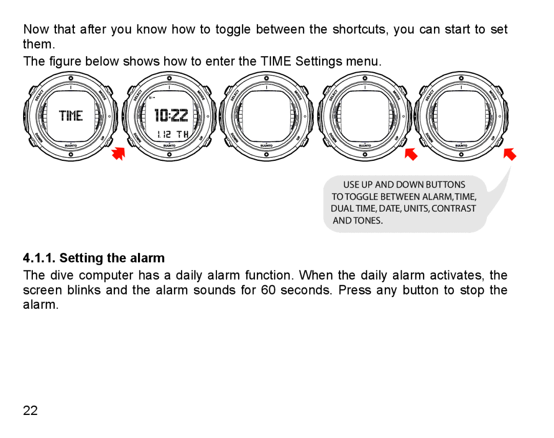 Suunto D6I manual Setting the alarm 