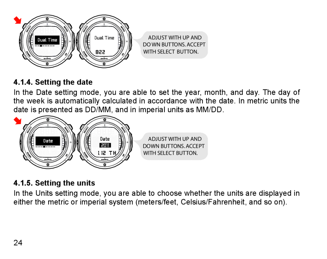 Suunto D6I manual Setting the date, Setting the units 