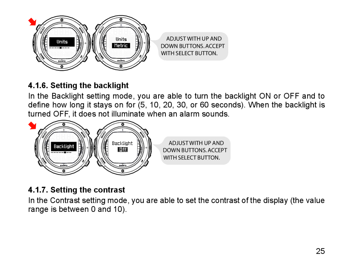 Suunto D6I manual Setting the backlight, Setting the contrast 