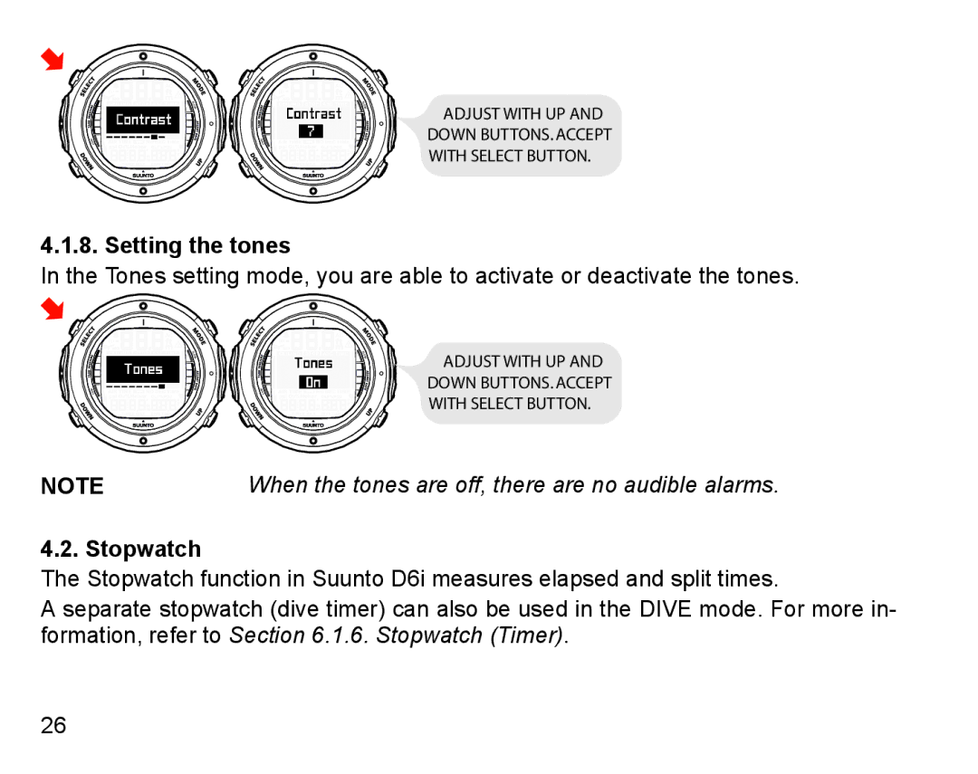 Suunto D6I manual Setting the tones, Stopwatch 