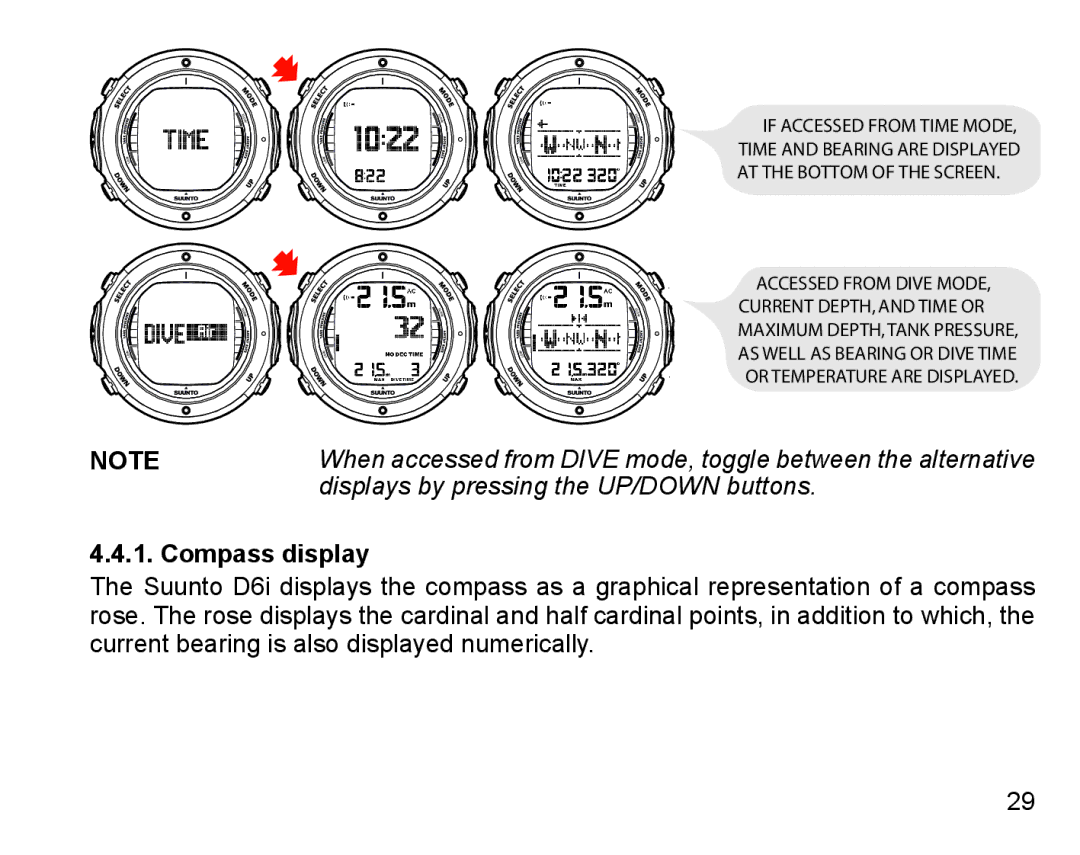 Suunto D6I manual Displays by pressing the UP/DOWN buttons, Compass display 