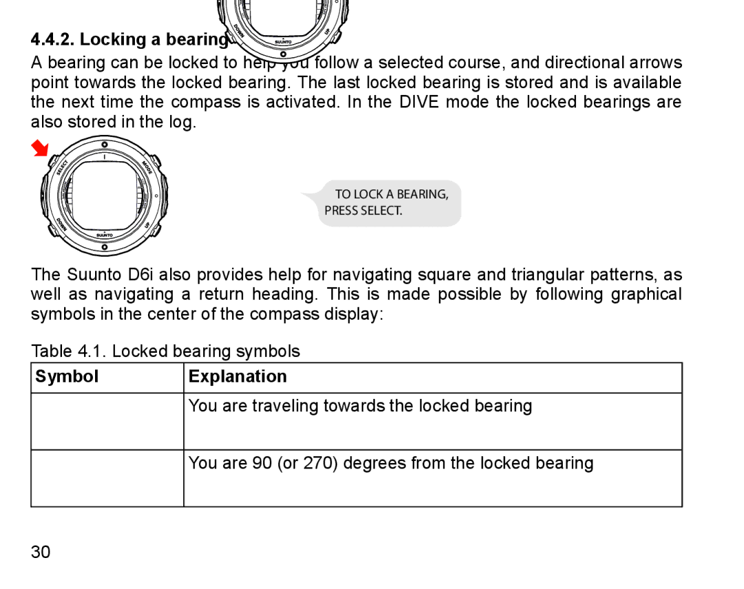 Suunto D6I manual Locking a bearing, Symbol Explanation 