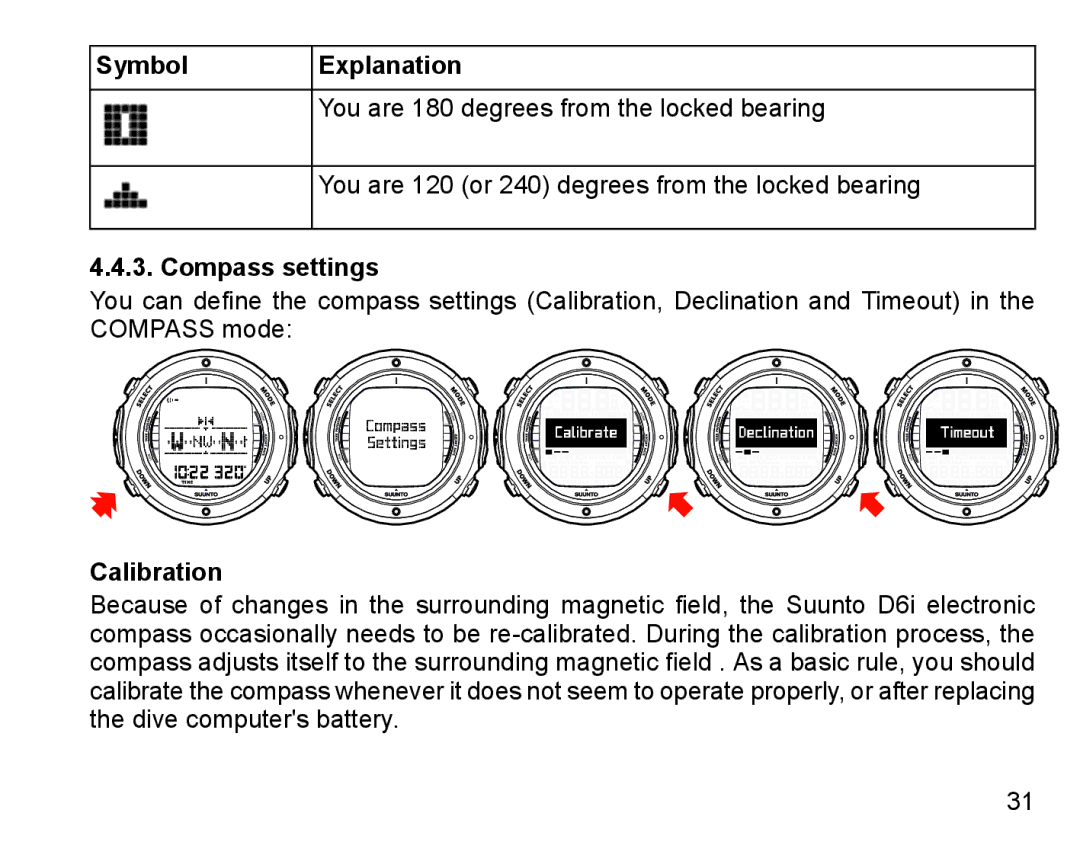 Suunto D6I manual Compass settings, Calibration 