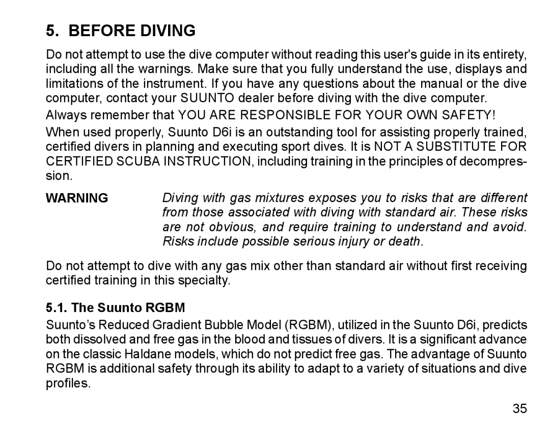 Suunto D6I manual Before Diving, Risks include possible serious injury or death, Suunto Rgbm 