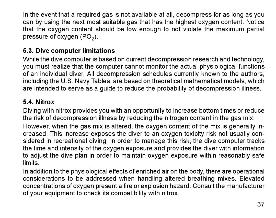 Suunto D6I manual Dive computer limitations, Nitrox 