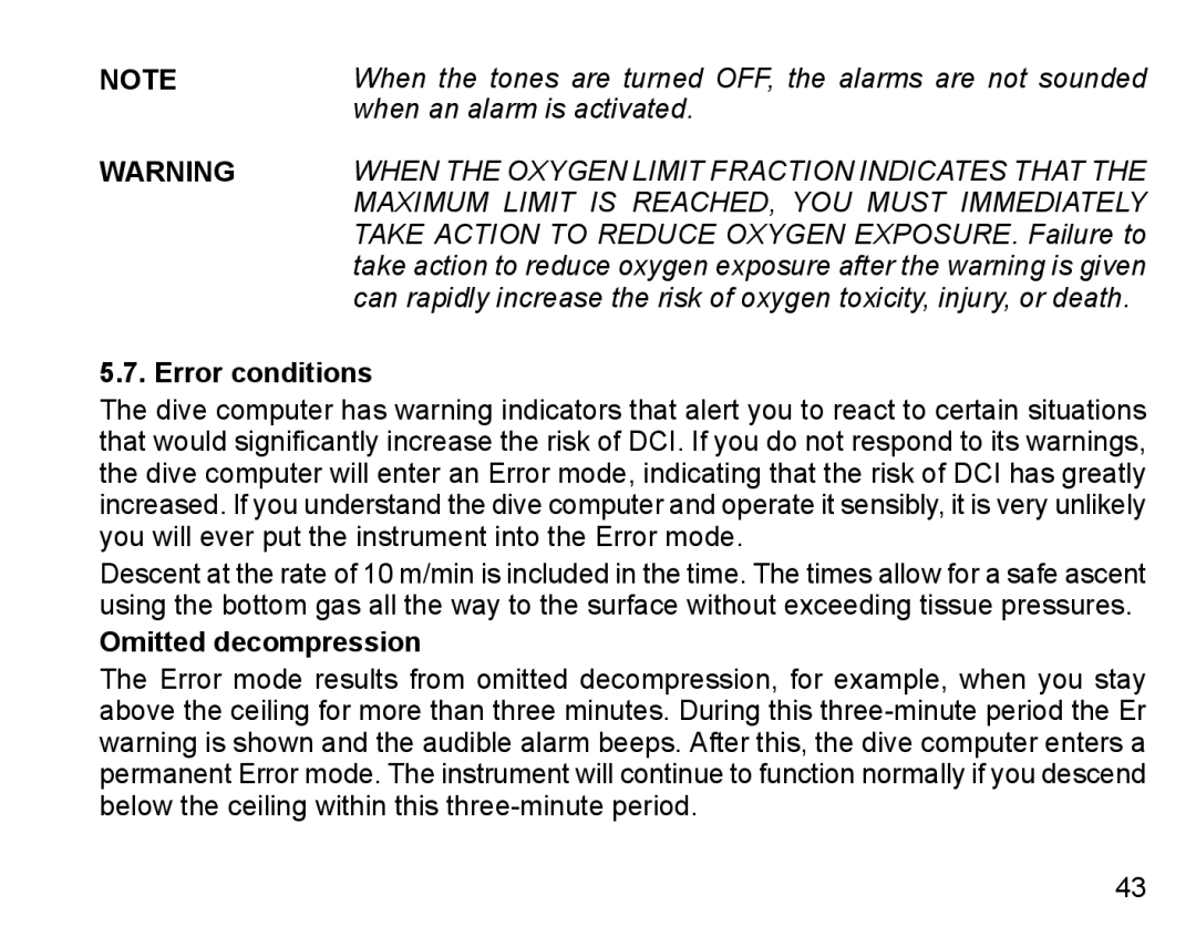 Suunto D6I manual Error conditions, Omitted decompression 