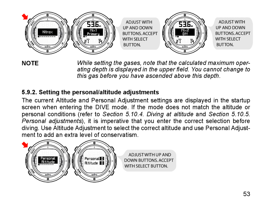 Suunto D6I manual This gas before you have ascended above this depth, Setting the personal/altitude adjustments 