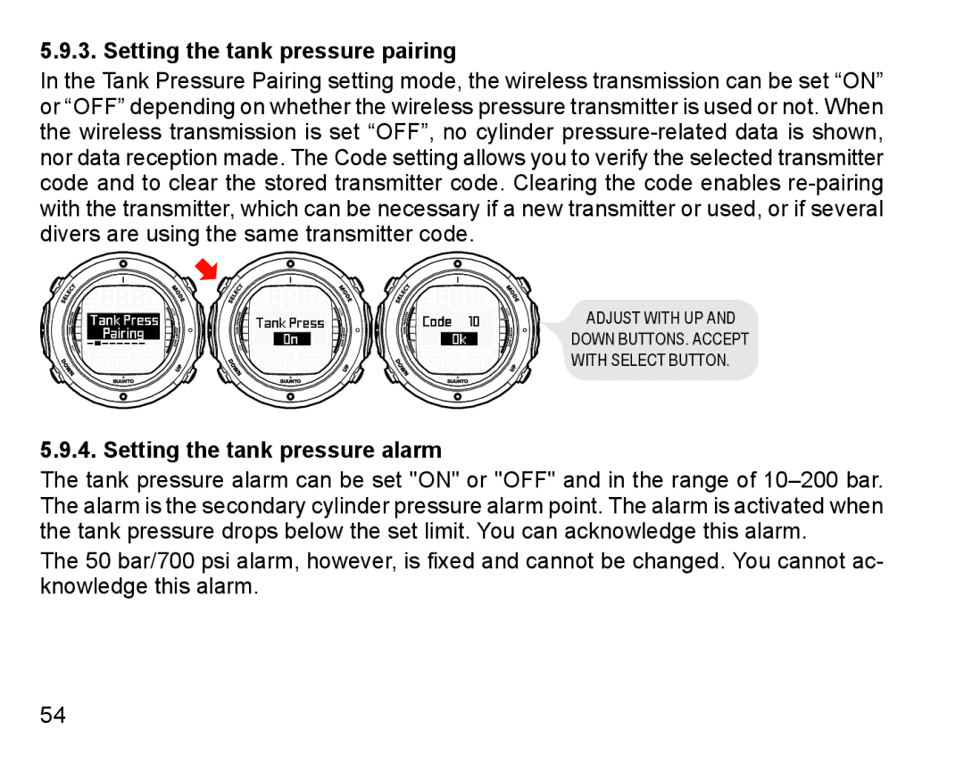 Suunto D6I manual Setting the tank pressure pairing, Setting the tank pressure alarm 