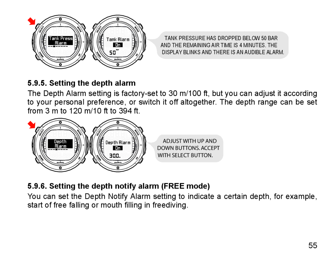 Suunto D6I manual Setting the depth alarm, Setting the depth notify alarm Free mode 