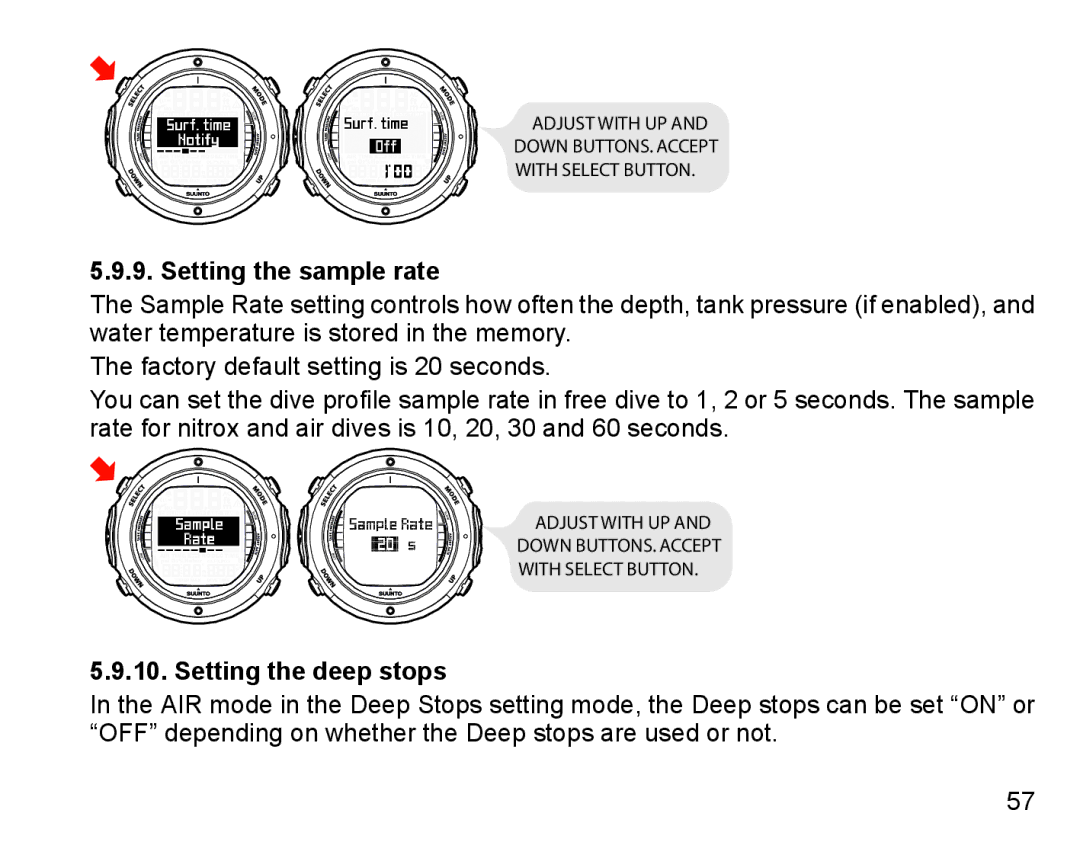 Suunto D6I manual Setting the sample rate, Setting the deep stops 