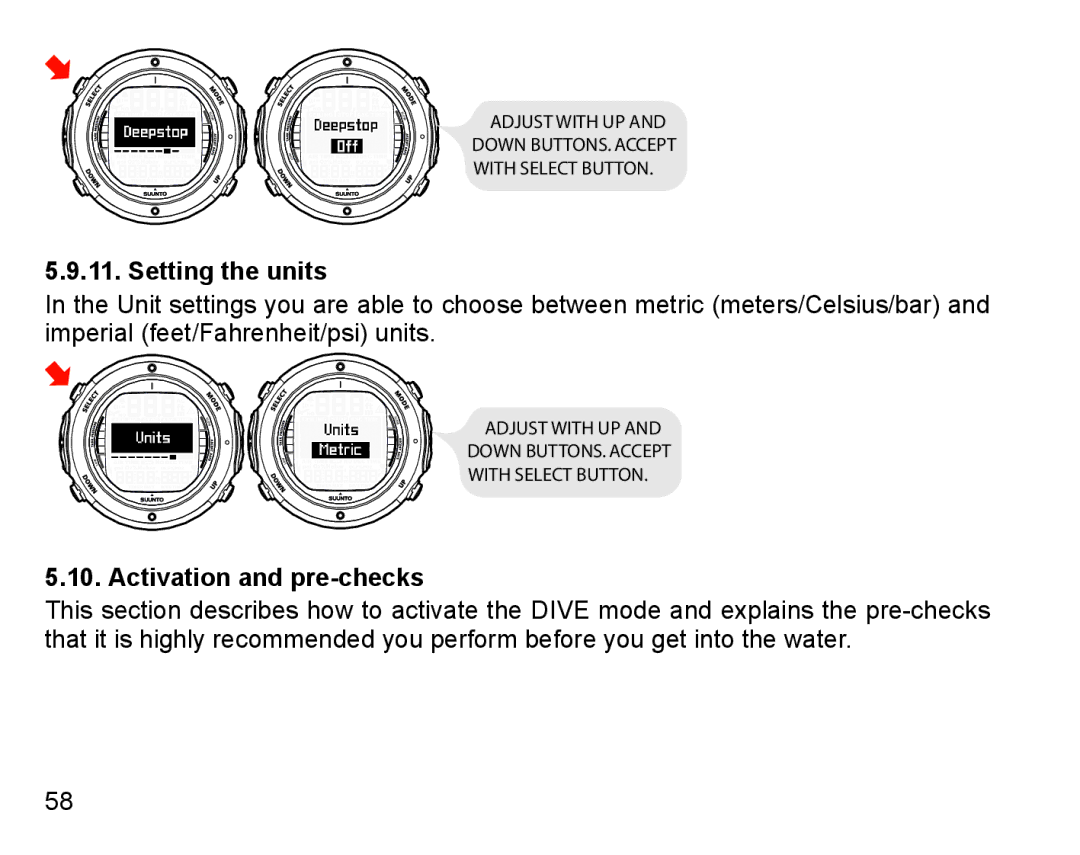 Suunto D6I manual Setting the units, Activation and pre-checks 