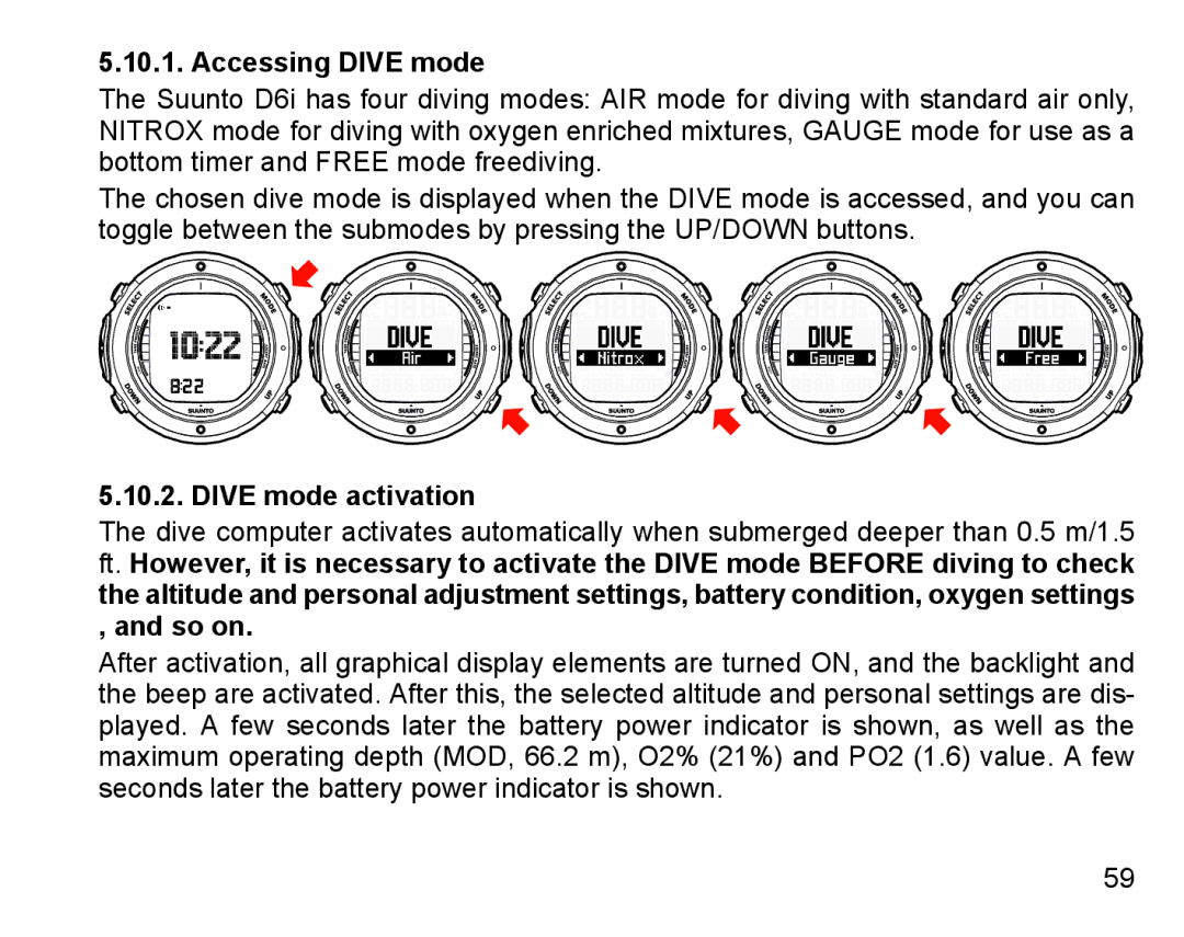 Suunto D6I manual Accessing Dive mode, Dive mode activation 