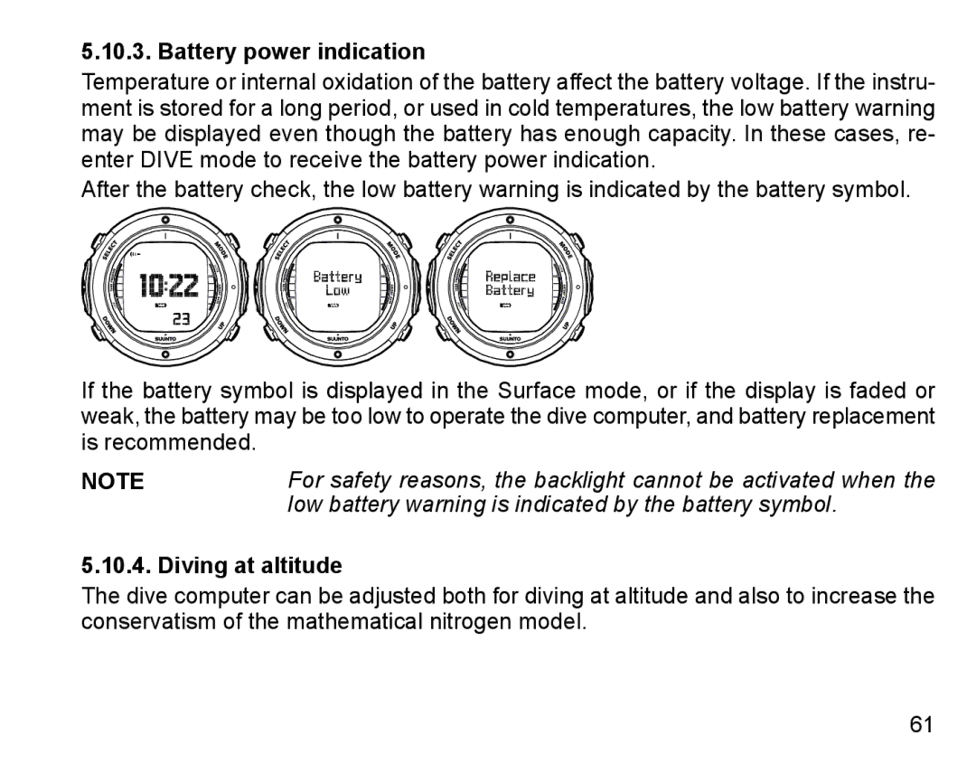 Suunto D6I manual Battery power indication, Diving at altitude 