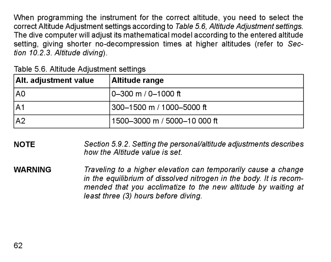 Suunto D6I manual Alt. adjustment value Altitude range, How the Altitude value is set, Least three 3 hours before diving 