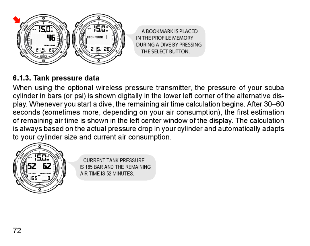 Suunto D6I manual Tank pressure data 