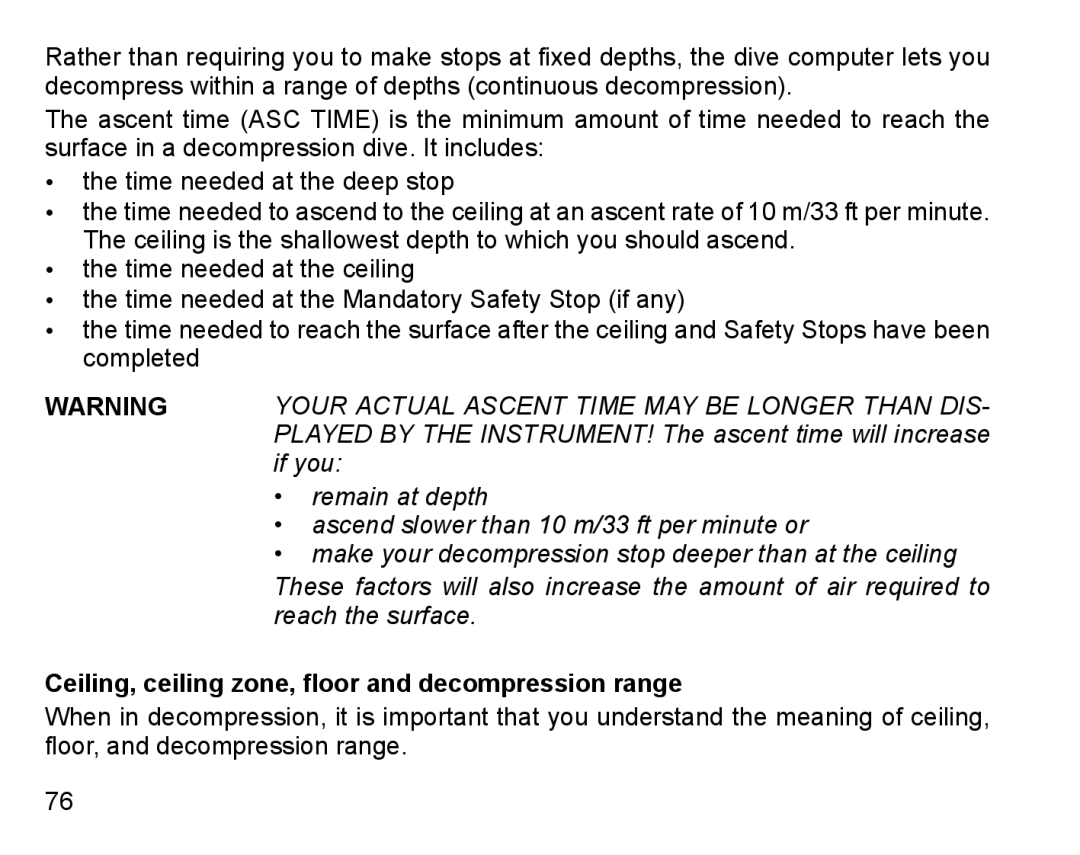 Suunto D6I manual Ceiling, ceiling zone, floor and decompression range 