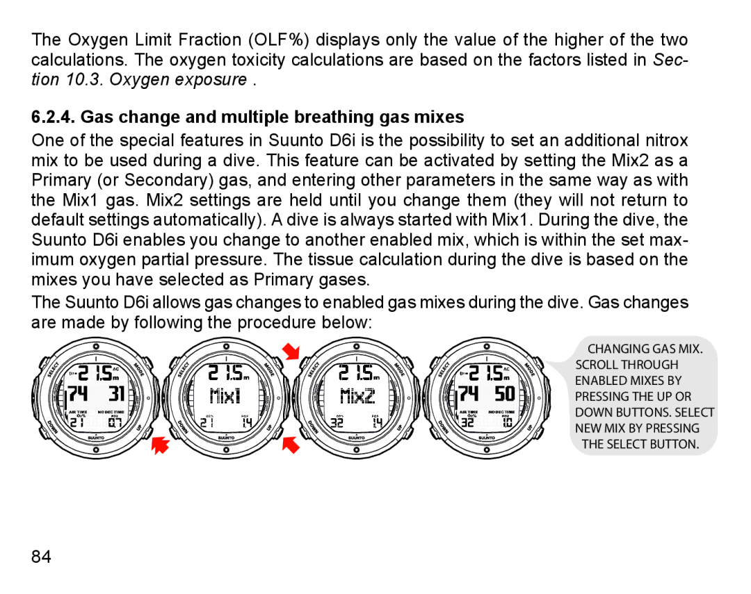 Suunto D6I manual Gas change and multiple breathing gas mixes 