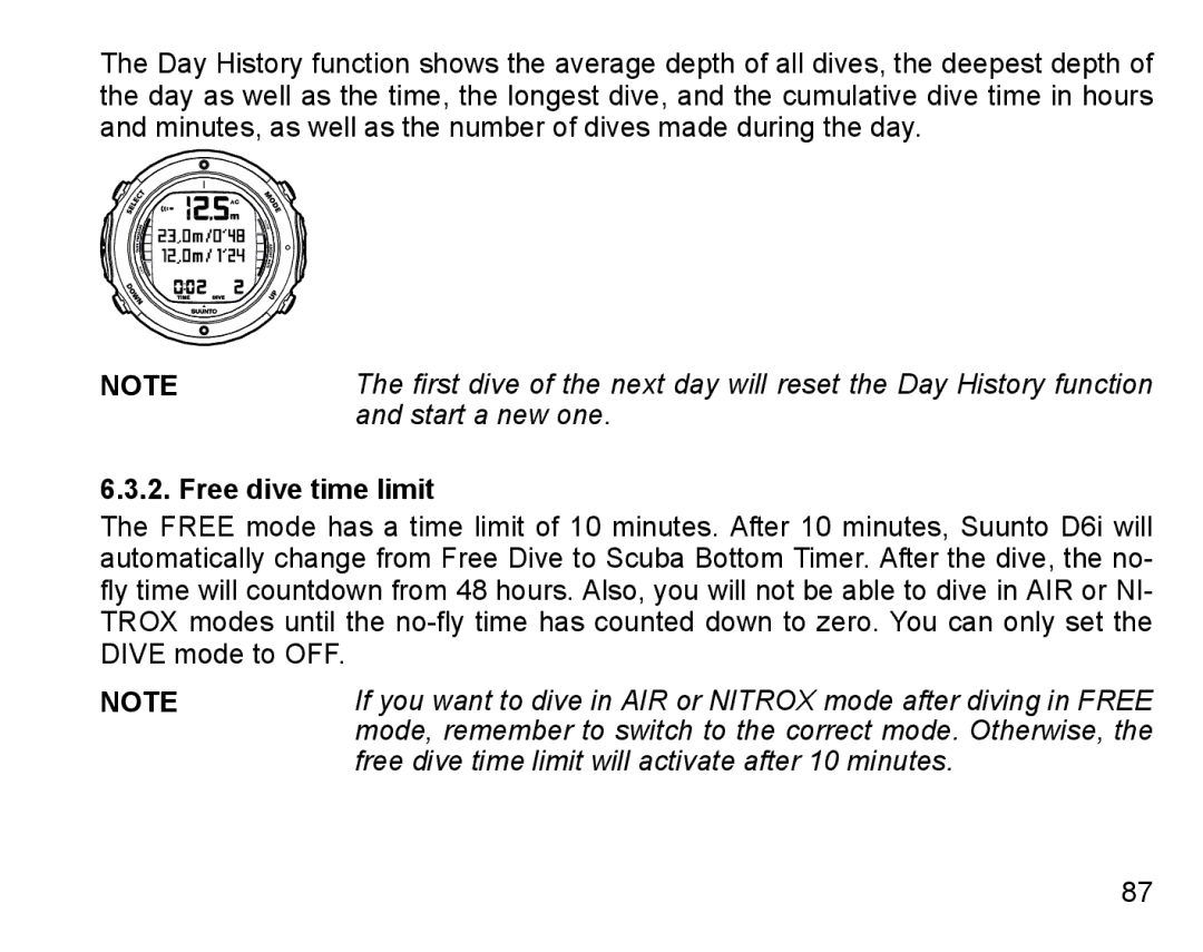 Suunto D6I manual Start a new one, Free dive time limit will activate after 10 minutes 