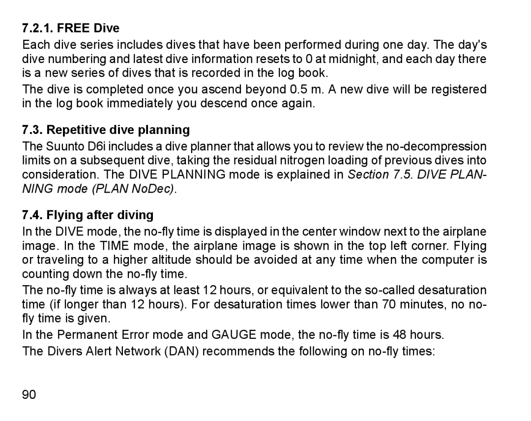 Suunto D6I manual Free Dive, Repetitive dive planning, Flying after diving 