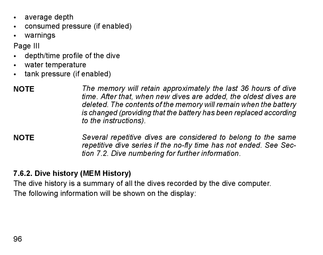 Suunto D6I manual To the instructions, Tion 7.2. Dive numbering for further information, Dive history MEM History 