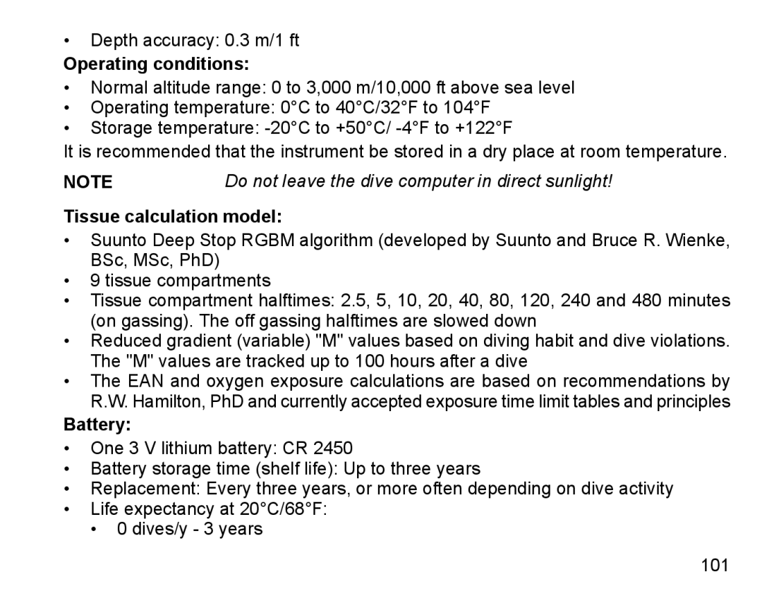 Suunto D9 manual Operating conditions, Tissue calculation model, Battery 