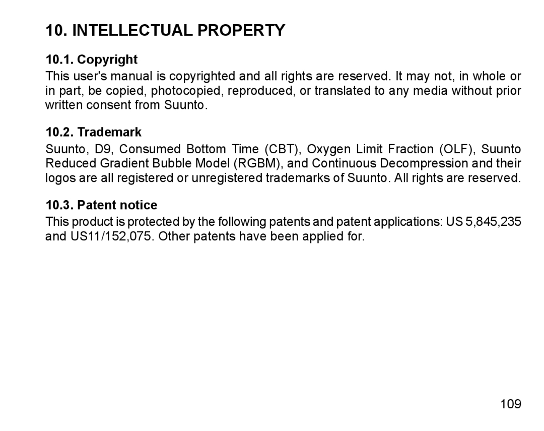 Suunto D9 manual Intellectual Property, Copyright Trademark, Patent notice 