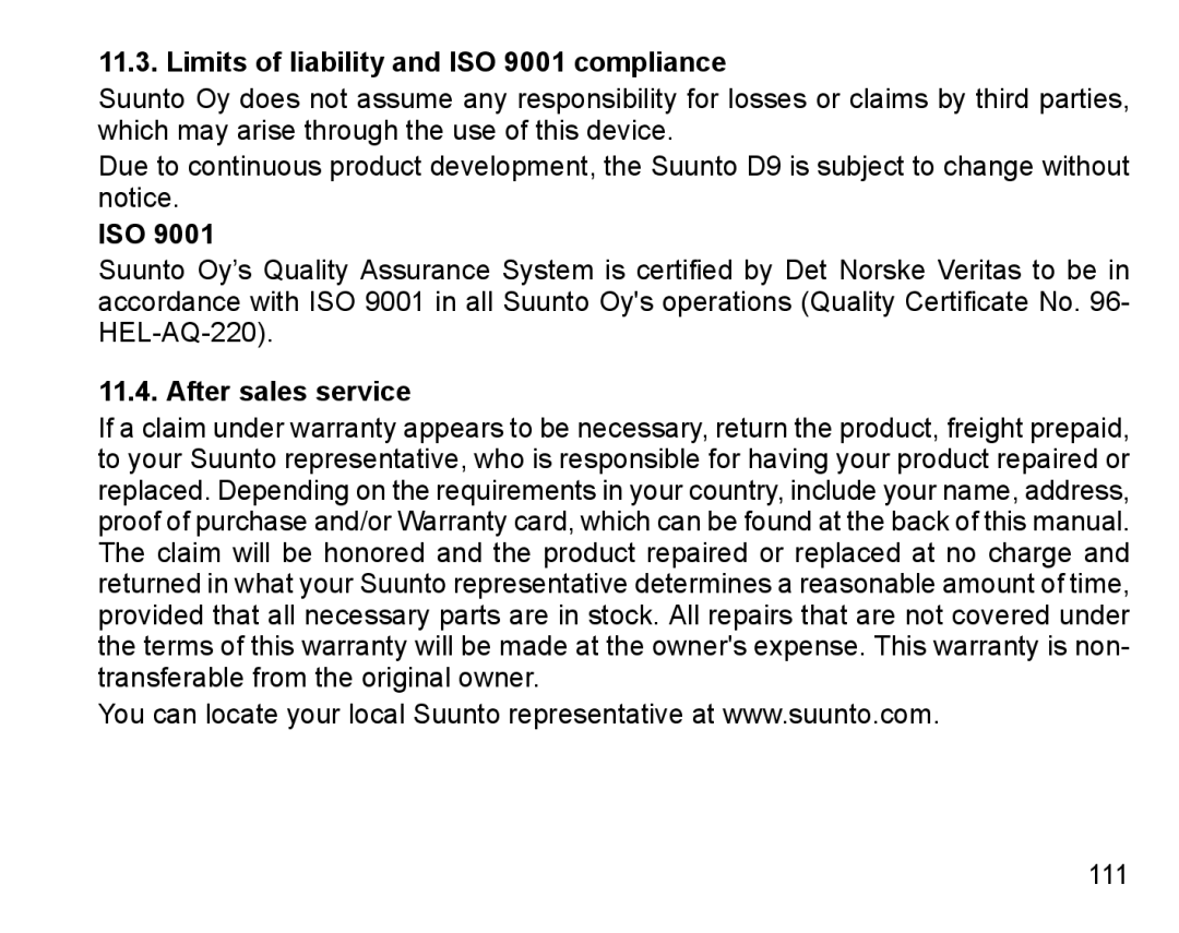 Suunto D9 manual Limits of liability and ISO 9001 compliance, Iso, After sales service 