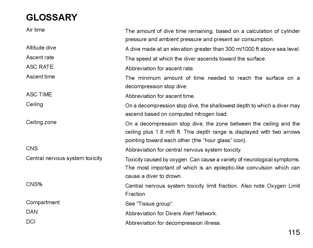 Suunto D9 manual Glossary, Dan Dci 