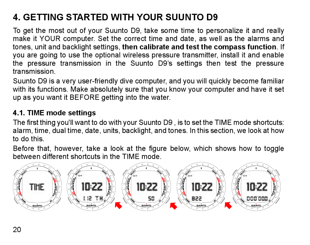 Suunto manual Getting Started with Your Suunto D9, Time mode settings 