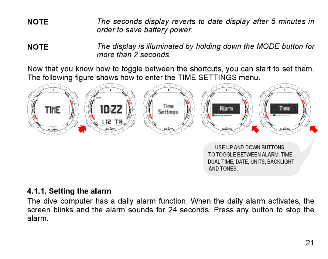 Suunto D9 manual Setting the alarm 