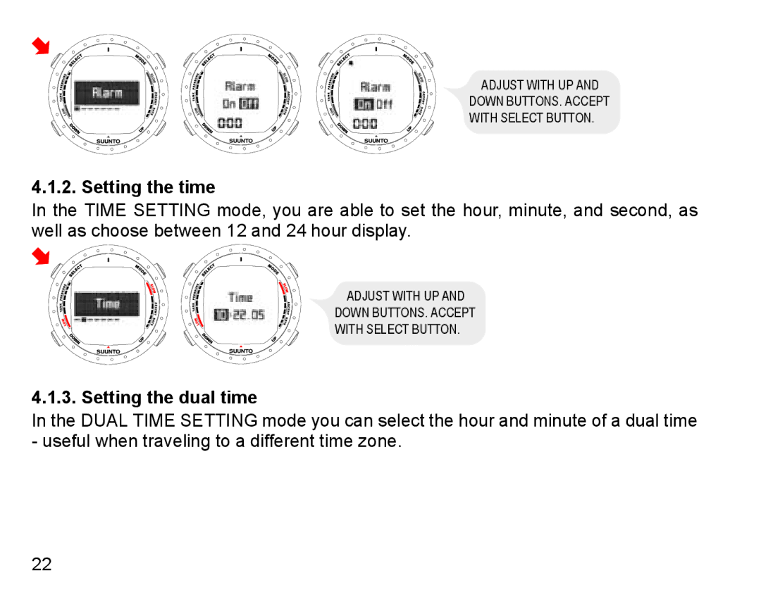 Suunto D9 manual Setting the time, Setting the dual time 