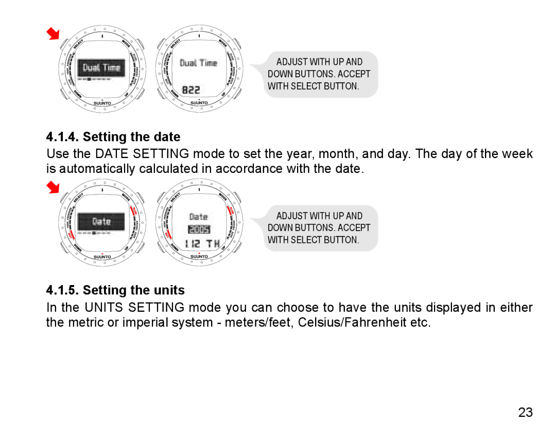 Suunto D9 manual Setting the date, Setting the units 