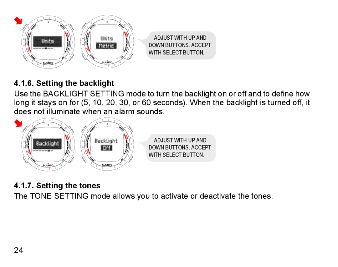 Suunto D9 manual Setting the backlight, Setting the tones 