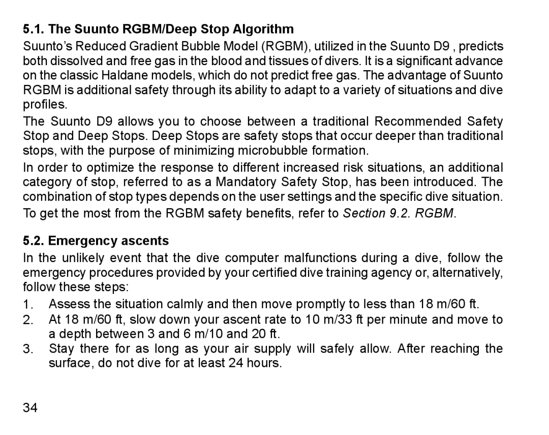 Suunto D9 manual Suunto RGBM/Deep Stop Algorithm, Emergency ascents 