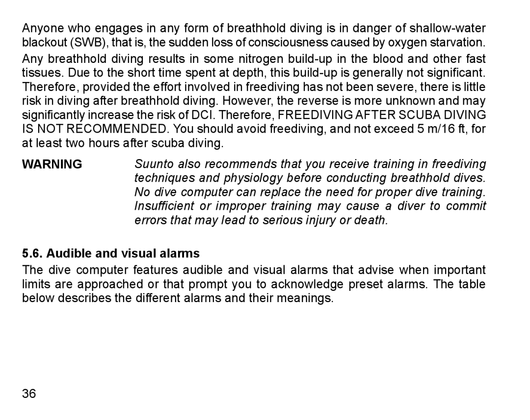 Suunto D9 manual Audible and visual alarms 