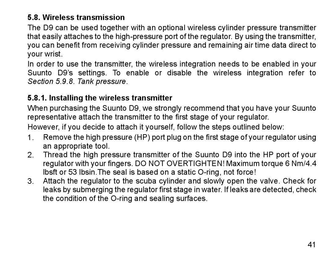 Suunto D9 manual Wireless transmission, Installing the wireless transmitter 