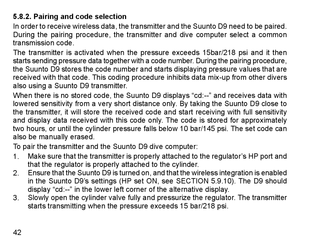 Suunto D9 manual Pairing and code selection 