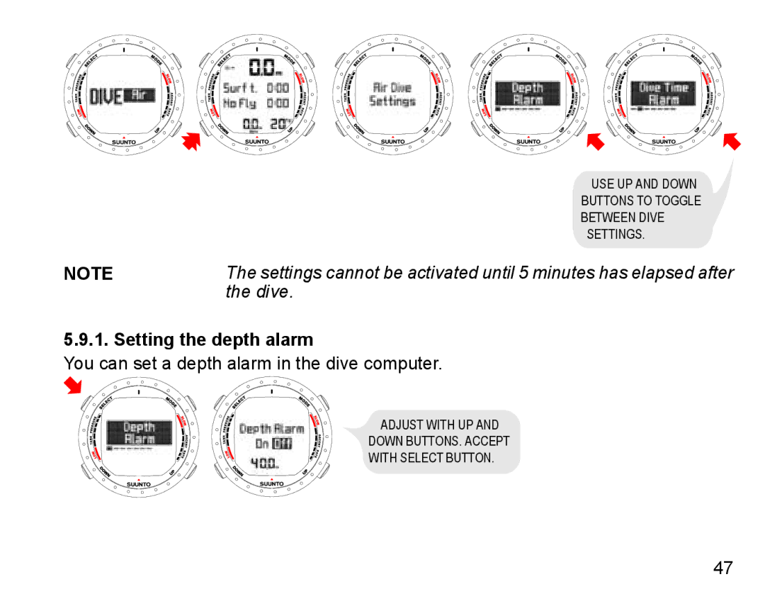 Suunto D9 manual Setting the depth alarm 