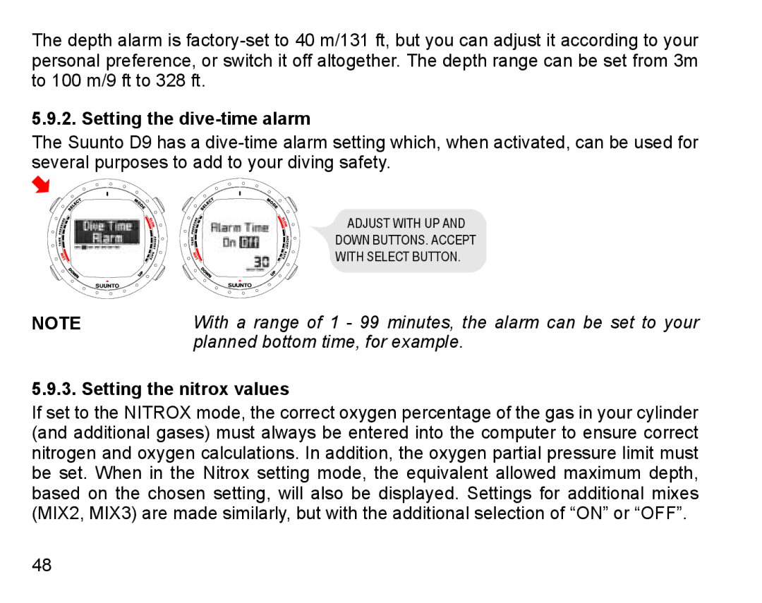 Suunto D9 manual Setting the dive-time alarm, Setting the nitrox values 