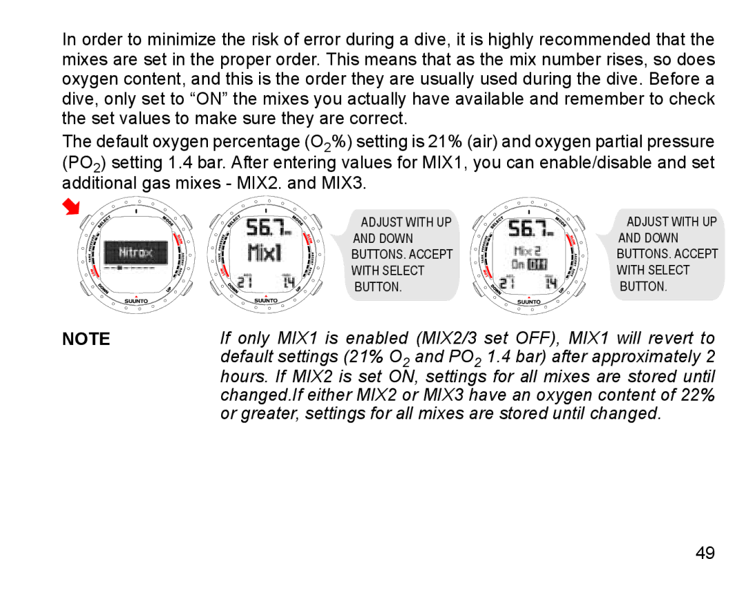 Suunto D9 manual Or greater, settings for all mixes are stored until changed 