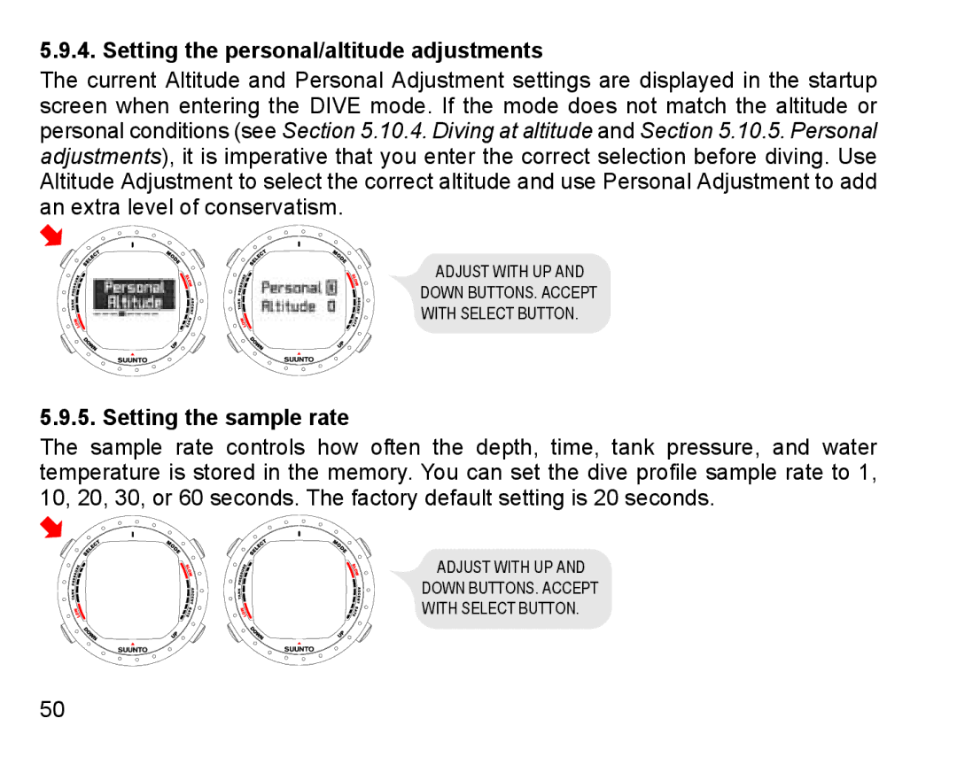 Suunto D9 manual Setting the personal/altitude adjustments, Setting the sample rate 