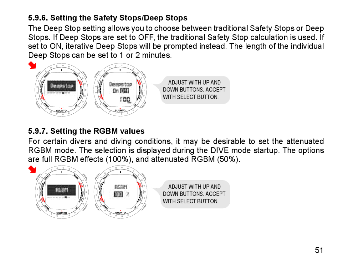 Suunto D9 manual Setting the Safety Stops/Deep Stops, Setting the Rgbm values 