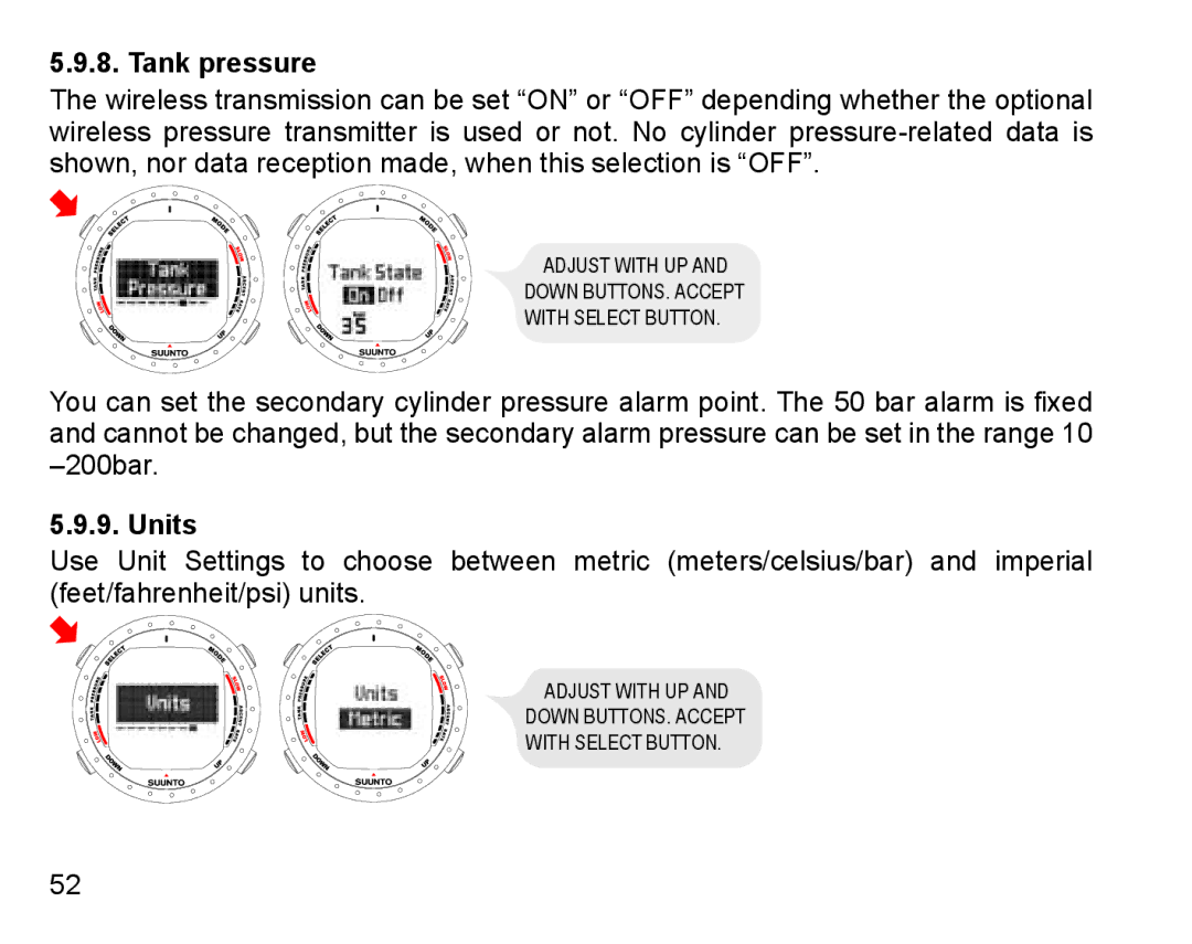 Suunto D9 manual Tank pressure, Units 