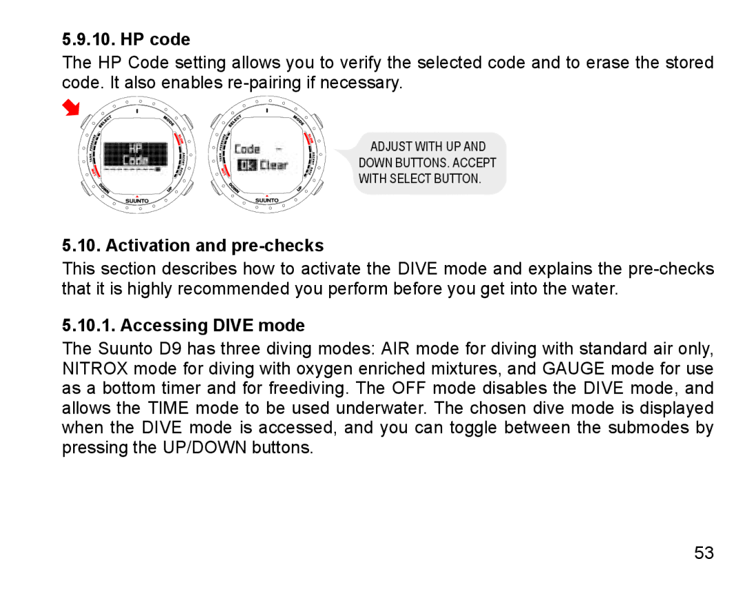 Suunto D9 manual HP code, Activation and pre-checks, Accessing Dive mode 