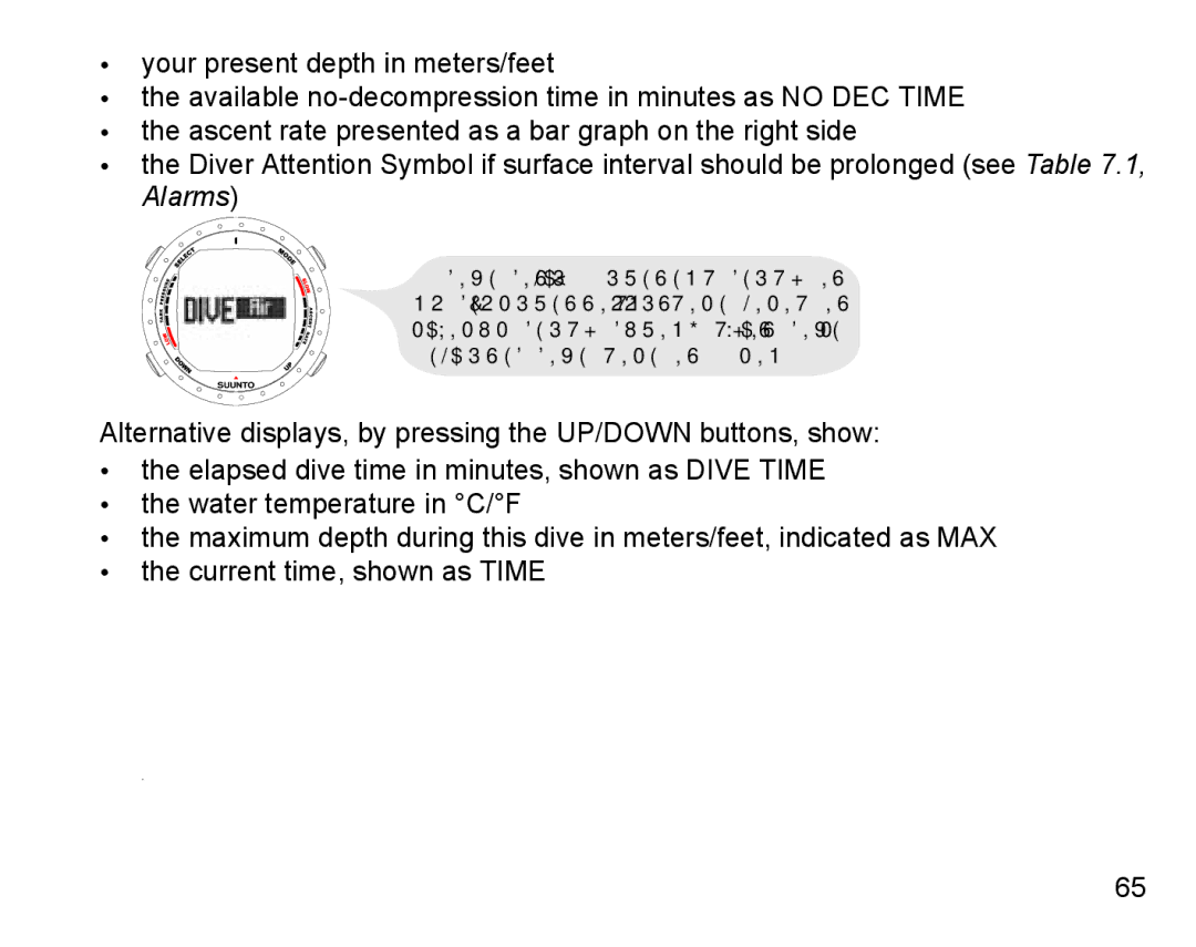 Suunto D9 manual Down Button Toggles Between Maximum Depth Current Time 